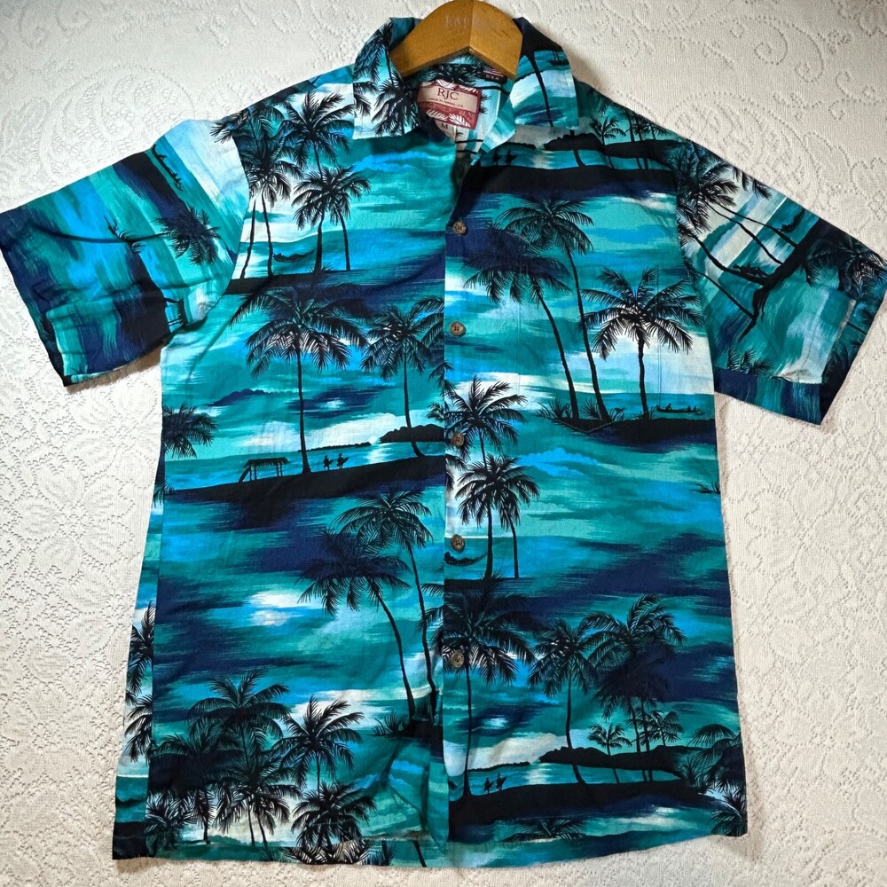 RJC Hawaiian Shirt Men M Blue Palm Tree Aloha Camp Cut Sewn in Hawaii USA